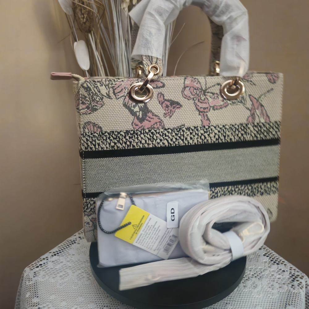 Floral Pink Accent Tote Bag with Gold Hardware - Picture 4 of 11